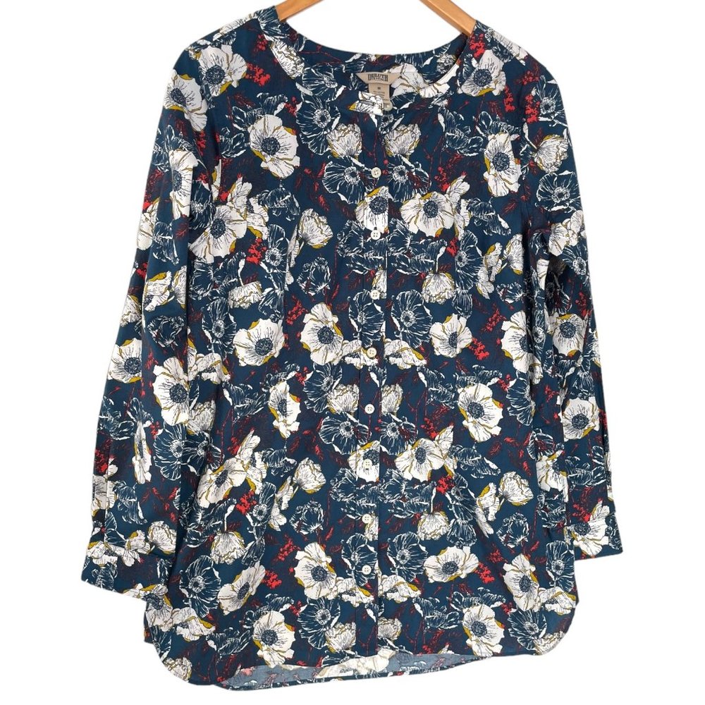 Duluth Trading Wrinkle Fighter Tunic Top M Blue Poppy Floral Button Down Shirt